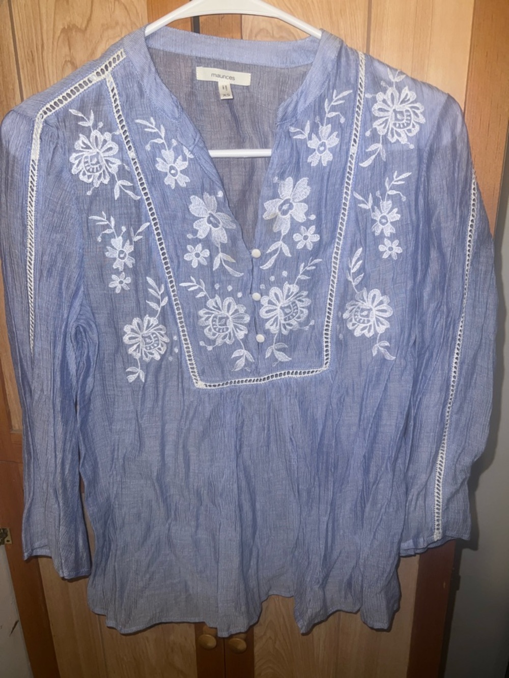 Maurices Blue Tunic with White Floral Embroidery
